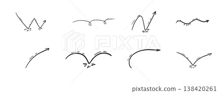 Bounce jump line, arrow. Squiggly comic trajectory movement. Set motion thin line free hand sketch drawing. Curve directions manga effect 138420261
