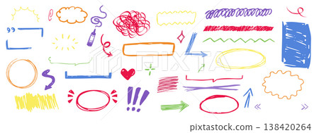 Highlight crayon scribble chalk hand drawn round rough frames, borders, underlines. Freehand ovals doodle. Chalk pencil ellipse frames,  138420264