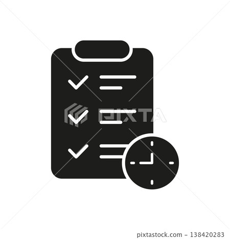 Checklist With Clock Solid Icon. Task Management, Deadline Scheduling, And Productivity Planning Silhouette Symbol. Efficient Time Management. Isolated Vector Illustration 138420283