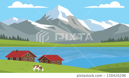 landscape with farm animals and farm landscape with farm animals and farm 138420296