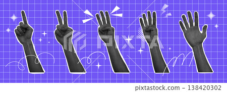 Hand set halftone collage with gesture calculation, different finger numbers, interactive communication signs. Hands show one, two, three, four and five. Hand set halftone collage with gesture calculation, different finger numbers, interactive communication signs. Hands show one, two, three, four and five. 138420302