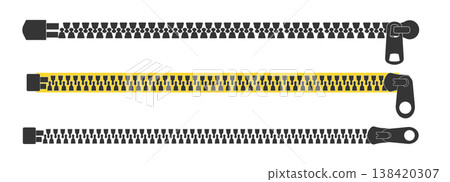 Set zipper lock or unlock. Fastener metal slide with puller. Split cloth pulling zip. Collection Apparel accessories simple drawing. Set zipper lock or unlock. Fastener metal slide with puller. Split cloth pulling zip. Collection Apparel accessories simple drawing. 138420307