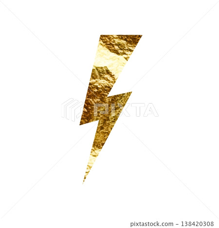 Golden lightning bolt icon. Gold foil texture. Flash symbol, thunderbolt. Simple lightning strike sign. Vector illustration 138420308