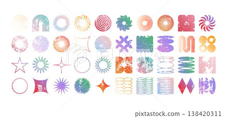 Colorful geometric shapes, modern grunge symbols. Simple primitive elements and forms, distressed details. Retro design, aged, vintage, trendy contemporary minimalist style, y2k. Vector illustration Colorful geometric shapes, modern grunge symbols. Simple primitive elements and forms, distressed details. Retro design, aged, vintage, trendy contemporary minimalist style, y2k. Vector illustration 138420311