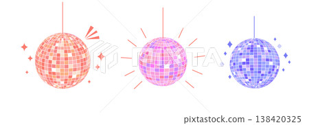 Disco ball set, shiny party mirror glowing party decorations. Gold, pink and silver colors. Glossy discoball in 70s 80s retro style. Party, music, Disco ball set, shiny party mirror glowing party decorations. Gold, pink and silver colors. Glossy discoball in 70s 80s retro style. Party, music, 138420325
