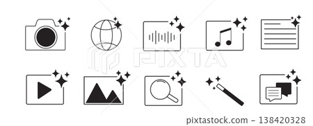 Ai generated audio or media icon set. Ai star sparkle symbol, creative artificial intelligence and machine learning technology concept. Generative AI. music generated, image generate, magic pencil Ai generated audio or media icon set. Ai star sparkle symbol, creative artificial intelligence and machine learning technology concept. Generative AI. music generated, image generate, magic pencil 138420328