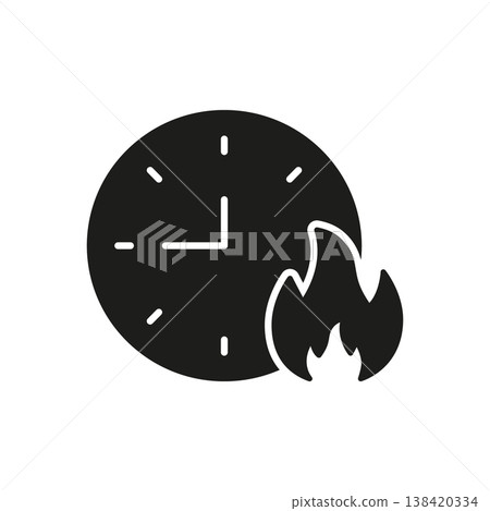 Clock With Fire Solid Icon. Time Management, Urgency, And Deadline Pressure Silhouette Symbol. Quick Task Completion And Efficiency. Isolated Vector Illustration 138420334
