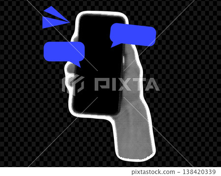 Hands with phone, halftone collage paper cutout. Speech bubbles, decorated with doodle elements. Chat correspondence 138420339