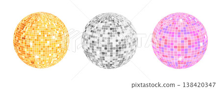 Disco ball set, shiny party mirror glowing party decorations. Gold, pink and silver colors. Glossy discoball in 70s 80s retro style. Party, music, Disco ball set, shiny party mirror glowing party decorations. Gold, pink and silver colors. Glossy discoball in 70s 80s retro style. Party, music, 138420347