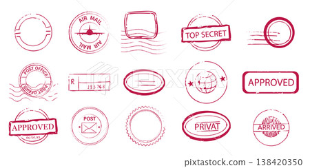 Red stamp set top secret sign, confidential envelope, letter, rubber seal. Stamps with wavy lines, decorative edges. post office marks and envelope designs, vintage 138420350