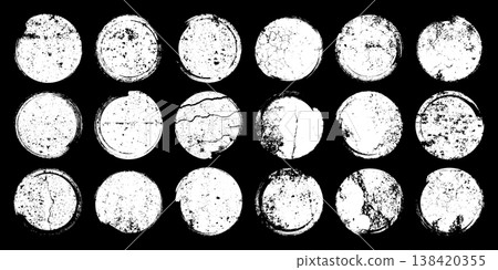 Grunge circles with stains and scratches. Circle brush stroke, round shape design element. Distressed dirty text frame, border, sticker or label. Paintbrush, ink stains. Vector illustration 138420355