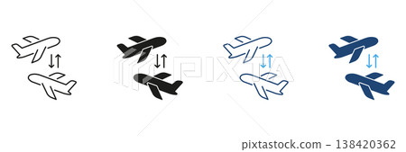 Airplane Transfer Process with Two Aircraft and Arrows Showing Direction Between Flights, Travel and Aviation Transportation Line and Solid Icon Set. Isolated Vector Illustration Airplane Transfer Process with Two Aircraft and Arrows Showing Direction Between Flights, Travel and Aviation Transportation Line and Solid Icon Set. Isolated Vector Illustration 138420362
