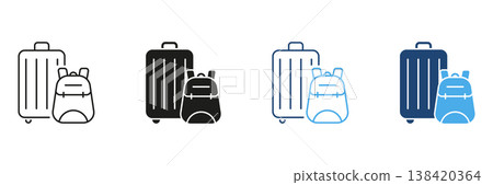 Suitcase And Backpack Travel Icon Set. Luggage And Backpacking Essentials Outline And Silhouette Symbol Collection. Ideal For Travel Planning And Adventure. Isolated Vector Illustration Suitcase And Backpack Travel Icon Set. Luggage And Backpacking Essentials Outline And Silhouette Symbol Collection. Ideal For Travel Planning And Adventure. Isolated Vector Illustration 138420364