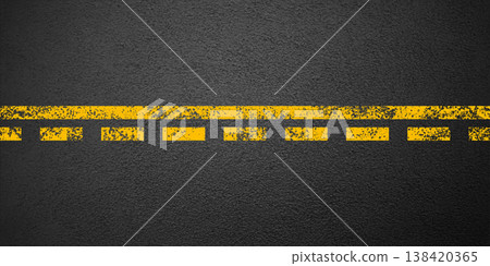 Asphalt road with yellow lane marking, concrete highway surface, texture. Street traffic line, road dividing strip. Pattern with grainy structure, grunge stone background. Vector illustration Asphalt road with yellow lane marking, concrete highway surface, texture. Street traffic line, road dividing strip. Pattern with grainy structure, grunge stone background. Vector illustration 138420365