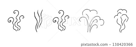 Smell steam and smoke lines icons set. Air wind and scent linear hand drawn doodle. Hot vapor, aroma, smell, waves from food sketch. Smell steam and smoke lines icons set. Air wind and scent linear hand drawn doodle. Hot vapor, aroma, smell, waves from food sketch. 138420366
