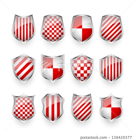 Glossy shields with red and black white. Security and protection concept. Cyber safety icons, internet privacy, web defense, digital data protection and antivirus themes. Vector illustration Glossy shields with red and black white. Security and protection concept. Cyber safety icons, internet privacy, web defense, digital data protection and antivirus themes. Vector illustration 138420377