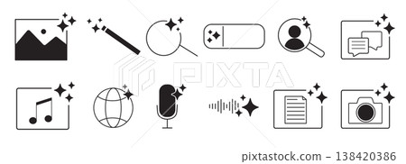 Ai generated audio or media icon set. Ai star sparkle symbol, creative artificial intelligence and machine learning technology concept. Generative AI. music generated, image generate, magic pencil Ai generated audio or media icon set. Ai star sparkle symbol, creative artificial intelligence and machine learning technology concept. Generative AI. music generated, image generate, magic pencil 138420386