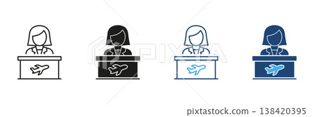 Female Airport Check-In Desk Attendant Icon Set. Airline Customer Service And Travel Assistance Symbol Collection. Aviation Industry And Passenger Support. Isolated Vector Illustration 138420395
