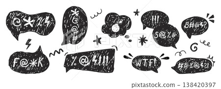 Crayon speech bubble with swear words doodle, hand drawn comic. Grunge speech bubbles with the curses, insults, vulgar rage, swear word symbols Crayon speech bubble with swear words doodle, hand drawn comic. Grunge speech bubbles with the curses, insults, vulgar rage, swear word symbols 138420397
