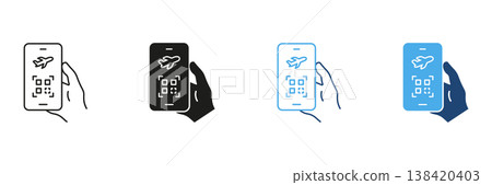 Mobile Boarding Pass With Qr Code Icon Set. Digital Ticketing And Travel Convenience Outline And Silhouette Symbol Collection. Smartphone And Airplane Ticketing. Isolated Vector Illustration 138420403