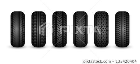 Rubber tires silhouettes. Car, truck, and motorcycle wheels, tread pattern designs. Perfect for automotive, racing, and motorsport themes, repair service and transport industry. Vector illustration 138420404