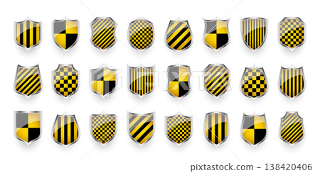 Glossy shields with yellow and black pattern. Security and protection concept. Cyber safety icons, internet privacy, web defense, digital data protection and antivirus themes. Vector illustration Glossy shields with yellow and black pattern. Security and protection concept. Cyber safety icons, internet privacy, web defense, digital data protection and antivirus themes. Vector illustration 138420406