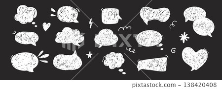 Crayon Speech Bubbles comic scribble talk balloon in sketch style, grunge texture pencil naive doodle conversation message icon Crayon Speech Bubbles comic scribble talk balloon in sketch style, grunge texture pencil naive doodle conversation message icon 138420408