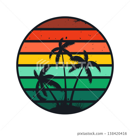 Grunge vintage sunset. Colorful striped sunrise badge in 80s and 90s style. Sun and ocean view, summer vibes, surfing. Design element for print, logo or t-shirt. Vector illustration 138420416