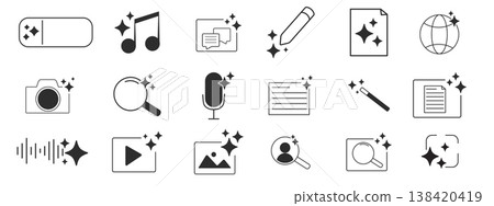 Ai generated set audio or media icons. Ai star sparkle symbol, creative artificial intelligence and machine learning technology concept. Generative AI. music generated, image generate, magic pencil Ai generated set audio or media icons. Ai star sparkle symbol, creative artificial intelligence and machine learning technology concept. Generative AI. music generated, image generate, magic pencil 138420419
