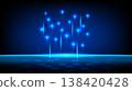 Futuristic Blue Light Beams Rising Over Digital Grid Floor Background 138420428