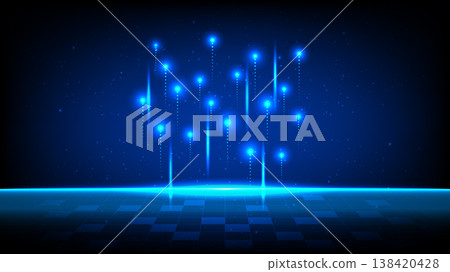 Futuristic Blue Light Beams Rising Over Digital Grid Floor Background Futuristic Blue Light Beams Rising Over Digital Grid Floor Background 138420428