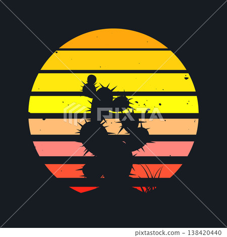 Grunge vintage sunset. Colorful striped sunrise badge in 80s and 90s style. Sun and ocean view, summer vibes, surfing. Design element for print, logo or t-shirt. Vector illustration Grunge vintage sunset. Colorful striped sunrise badge in 80s and 90s style. Sun and ocean view, summer vibes, surfing. Design element for print, logo or t-shirt. Vector illustration 138420440
