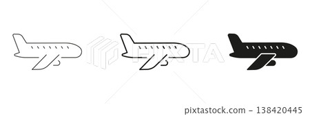 Airplane Travel Icon Set. Aviation, Flight, And Transportation Outline And Silhouette Symbol Collection. Airplane Journey And Airline Industry Representation. Isolated Vector Illustration Airplane Travel Icon Set. Aviation, Flight, And Transportation Outline And Silhouette Symbol Collection. Airplane Journey And Airline Industry Representation. Isolated Vector Illustration 138420445