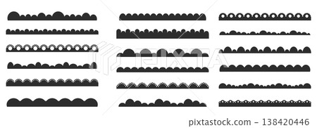 Scalloped border fluffy scalloped edge set. lace border, textile frill stripe. Cutout wavy decoration line frame collection Scalloped border fluffy scalloped edge set. lace border, textile frill stripe. Cutout wavy decoration line frame collection 138420446
