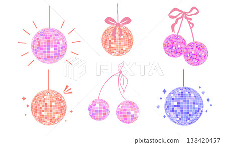 Set Disco ball shiny party mirror glowing party decorations. Y2k cherry with bow, Glossy discoballs in 70s 80s retro style. Party, music, Set Disco ball shiny party mirror glowing party decorations. Y2k cherry with bow, Glossy discoballs in 70s 80s retro style. Party, music, 138420457