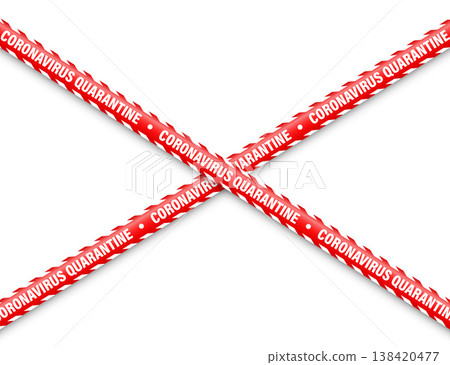 Quarantine zone warning tape. Novel coronavirus outbreak. Global lockdown. Red coronavirus danger stripe. Police caution line, restricted area. Construction tape. Vector illustration 138420477