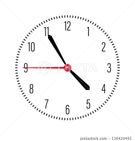 Mechanical clock face with arabic numerals, bezel. Watch dial with minute, hour marks and numbers. Timer or stopwatch element. Blank measuring circle scale with divisions. Vector illustration 138420491