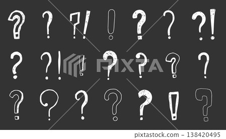 Question mark chalk hand drawn set, crayon texture doodle sketch. Question marks with speech bubbles, punctuation signs for collage Question mark chalk hand drawn set, crayon texture doodle sketch. Question marks with speech bubbles, punctuation signs for collage 138420495
