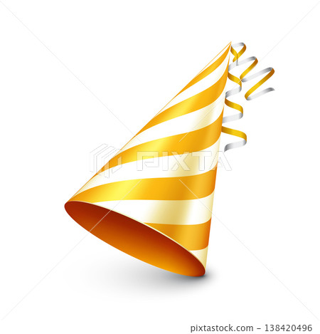 Party shiny hat with ribbon. Festive holiday decoration for celebration, birthday or carnival. Fun party accessor, greeting cards, posters, invitations, banner, design projects. Vector illustration Party shiny hat with ribbon. Festive holiday decoration for celebration, birthday or carnival. Fun party accessor, greeting cards, posters, invitations, banner, design projects. Vector illustration 138420496
