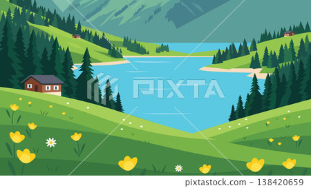 landscape with a house and a meadow landscape with a house and a meadow 138420659