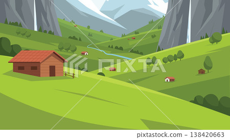 a farm with a house in the mountains 138420663