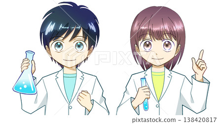 一幅動漫風格的插圖,描繪了一男一女身穿實驗服,在白色背景下進行實驗。 一幅動漫風格的插圖,描繪了一男一女身穿實驗服,在白色背景下進行實驗。 138420817