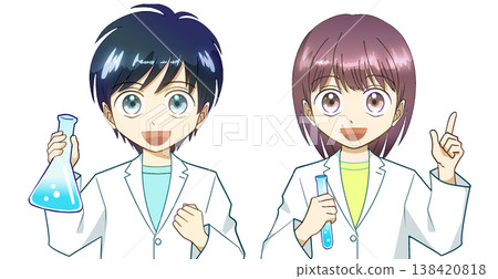 一幅動漫風格的插圖,描繪了一男一女身穿實驗服,面帶微笑地進行實驗,背景為白色。 一幅動漫風格的插圖,描繪了一男一女身穿實驗服,面帶微笑地進行實驗,背景為白色。 138420818