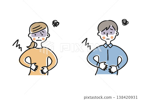 A man and a woman clutching their stomachs due to abdominal pain. 138420931