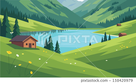 nature landscape with mountains and lake 138420979