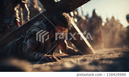 Jesus struggling with cross in ancient setting during sunset 138420980