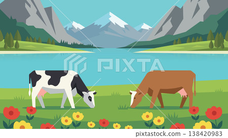 landscape mountains with cows on the farm 138420983