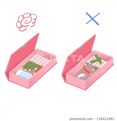 兒童鉛筆盒對比圖(整齊的 vs. 雜亂的) 兒童鉛筆盒對比圖(整齊的 vs. 雜亂的) 138421091
