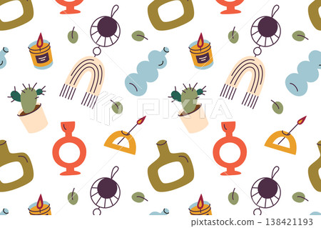 Boho home decor seamless pattern, flat cartoon vases, candles, candleholders, pendants, decorative bottles and potted cactus. Cozy interior and bohemian style vector illustration Boho home decor seamless pattern, flat cartoon vases, candles, candleholders, pendants, decorative bottles and potted cactus. Cozy interior and bohemian style vector illustration 138421193