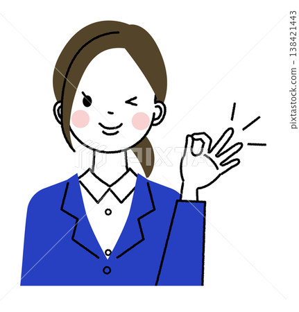 一位身穿藏藍色套裝的年輕女子;另一位女子眨著眼,做了個OK手勢。 一位身穿藏藍色套裝的年輕女子;另一位女子眨著眼,做了個OK手勢。 138421443